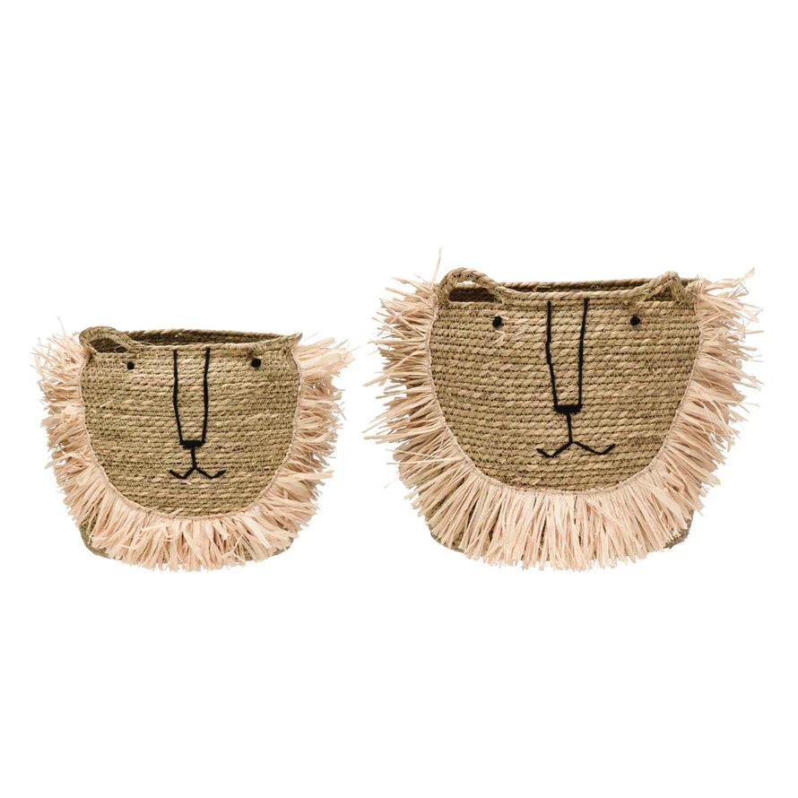 Hand-Woven Seagrass Lion Baskets w/ Handles, Natural