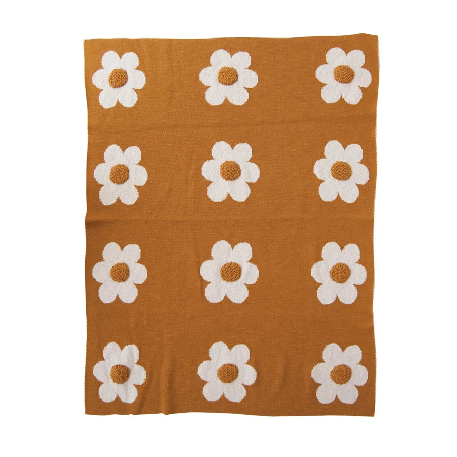 Cotton Knit Baby Blanket w/ Flowers & Tufting || Yellow