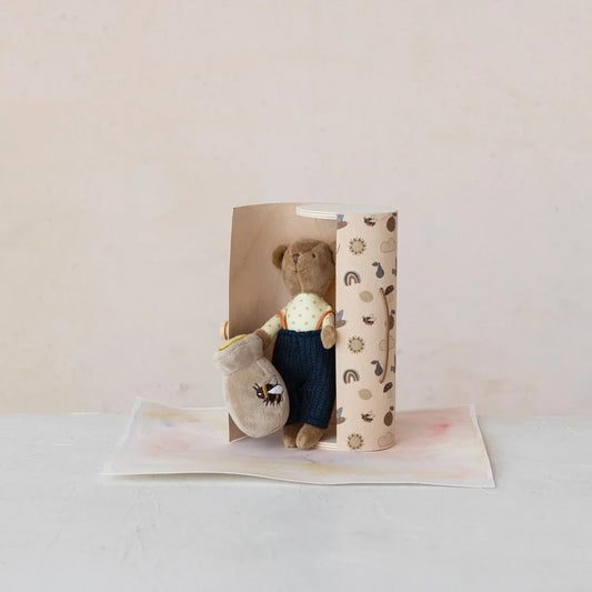 Plush Bear in Overalls w/ Honey Pot in Printed Wood Gift Box